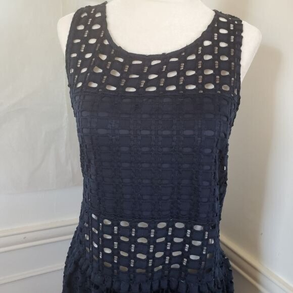 VERA MODA‎ Womens Dress SZ L Broderie Eyelet Drop Waist Navy Sheath Sleeveless - Picture 7 of 10